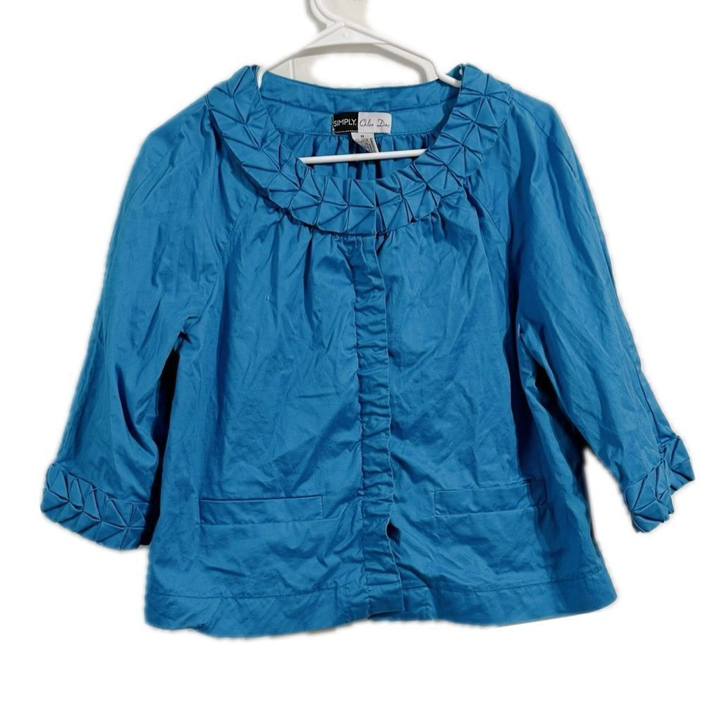 Chloe Blue Blazer with Ruffled Neckline and‎ Casual Fit